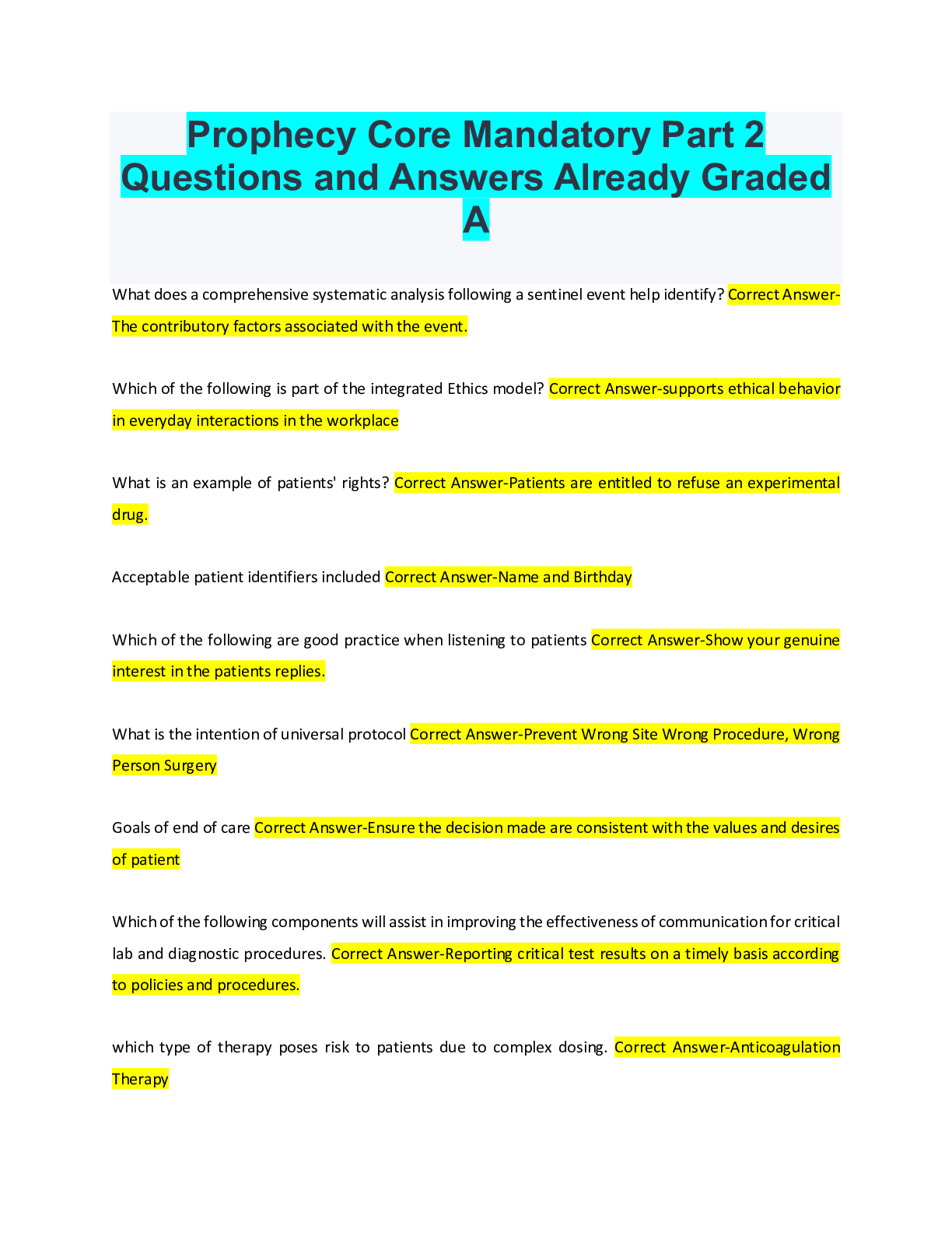 Prophecy Core Mandatory Part 2 Questions and Answers Already Graded A